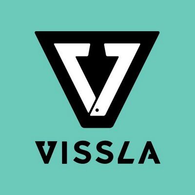 Vissla logo featuring a bold black triangle with white accents on a teal background.