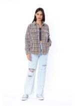 Sisstr Michelle Eco-Zy coral shirt, plaid design, mid-length, styled with ripped jeans.