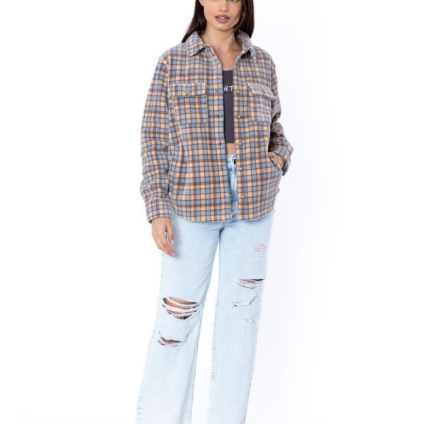 Sisstr Michelle Eco-Zy coral shirt, plaid design, mid-length, styled with ripped jeans.