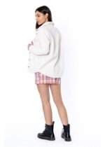 Sisstr Michelle Eco-Zy Shirt styled with a plaid dress, back angled view.