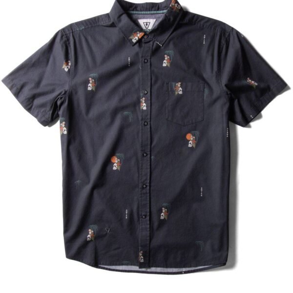 Vissla Parrodise Eco Shirt in Phantom color, front view with parrot print.