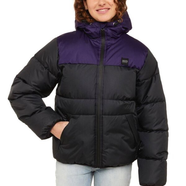 Sisstrevolution Rita Puff Jacket in black with purple accents, front view.