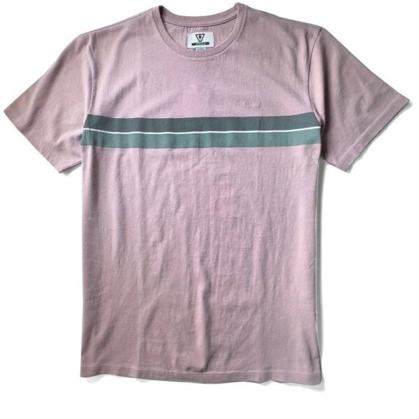 Vissla Stringer SS Tee in mauve with green stripe detail, short sleeves.