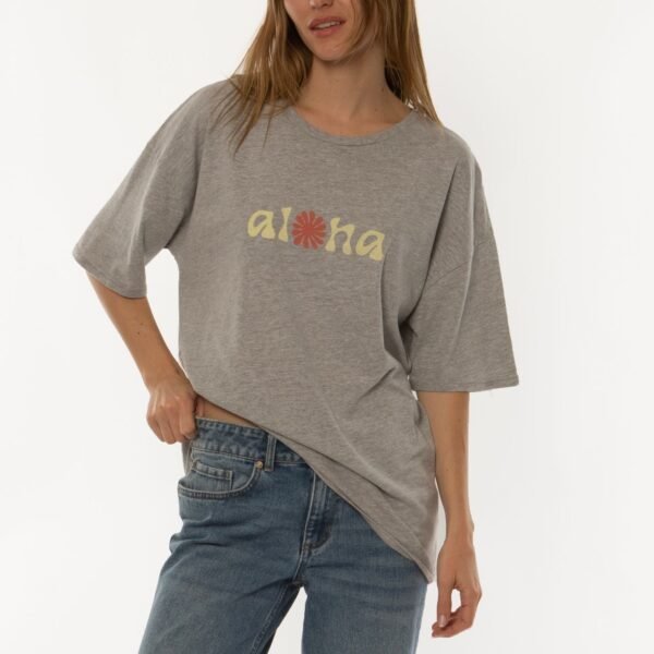 Sisstrevolution Aloha SS Knit Slouch Tee in dark grey heather with aloha print.