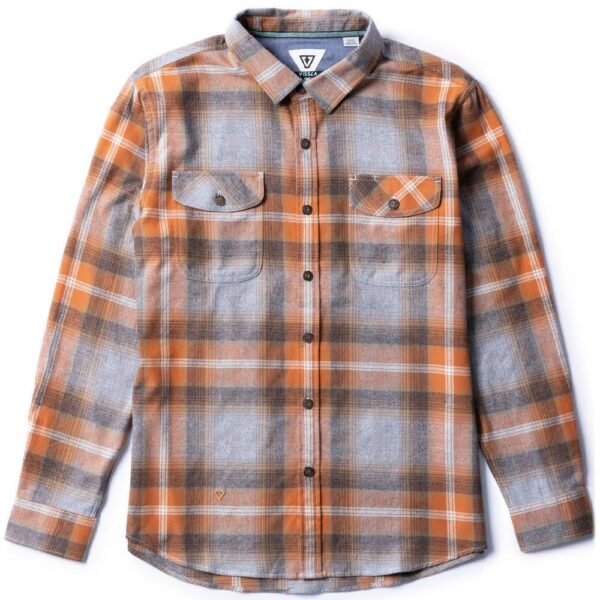 Vissla Central Coast Eco LS Flannel in oxide with orange and gray plaid design.