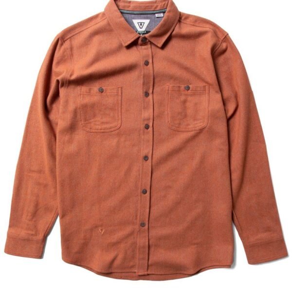 Vissla Shaper Flannel in terracotta, front view, long sleeve shirt.