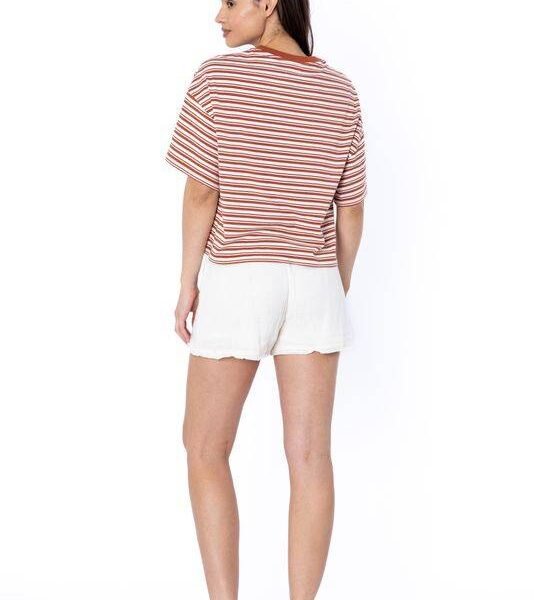 Back view of Sisstrevolution Emma Wood Knit SS Top in rust with white stripes.