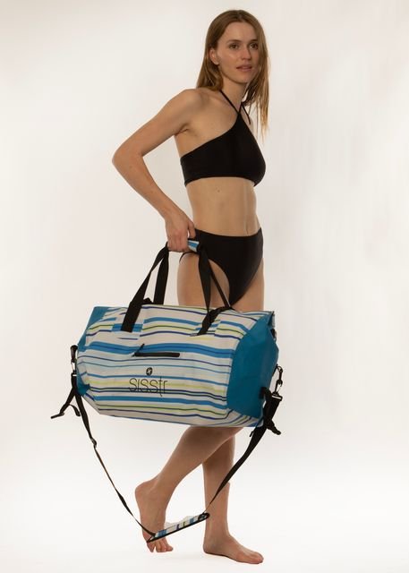 Sisstrevolution Crest Wet/Dry Duffle in Sea Breeze, stylish striped design.