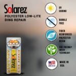 Features of Solarez Polyester Low-Lite Ding Repair: UV curing, bubble-free, fiber-reinforced resin, eco-friendly, made in USA.