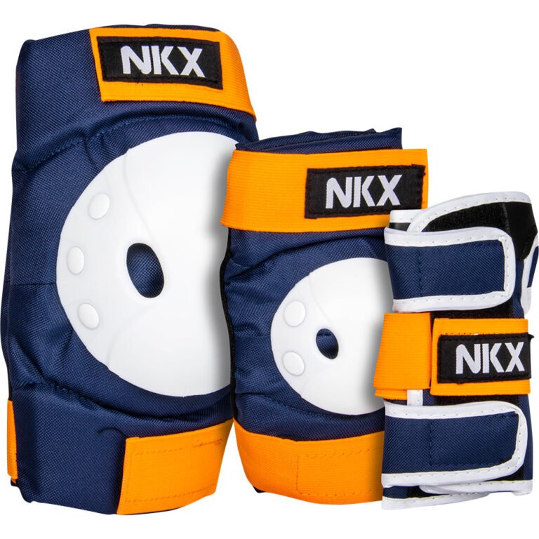 NKX kids 3-Pack Pro Protective Gear in navy and orange, front view.