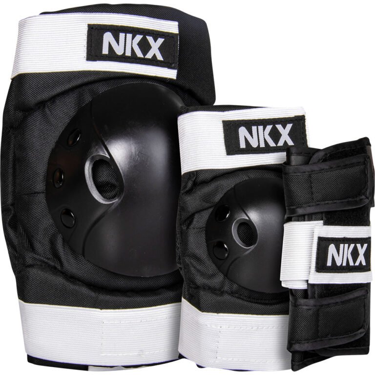 NKX kids 3-Pack Pro Protective Gear in black and white for skateboarding.