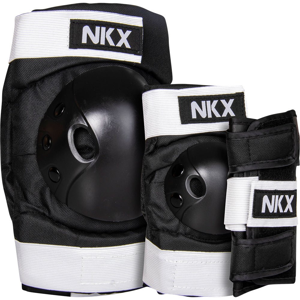 NKX kids 3-Pack Pro Protective Gear in black and white for skateboarding.