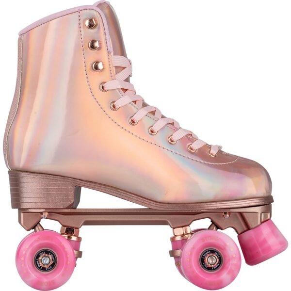 Story Glacier Side by Side Skates in shiny gold with pink wheels.