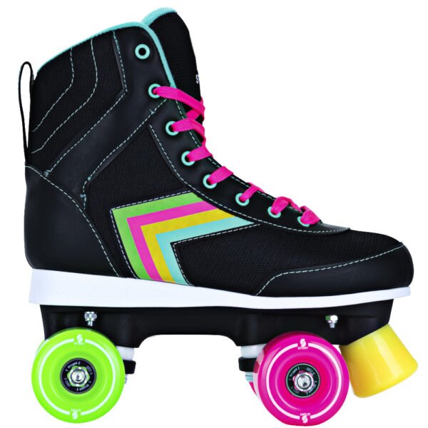 Story Spectrum Side by Side Skates in rasta colors with vibrant wheels.