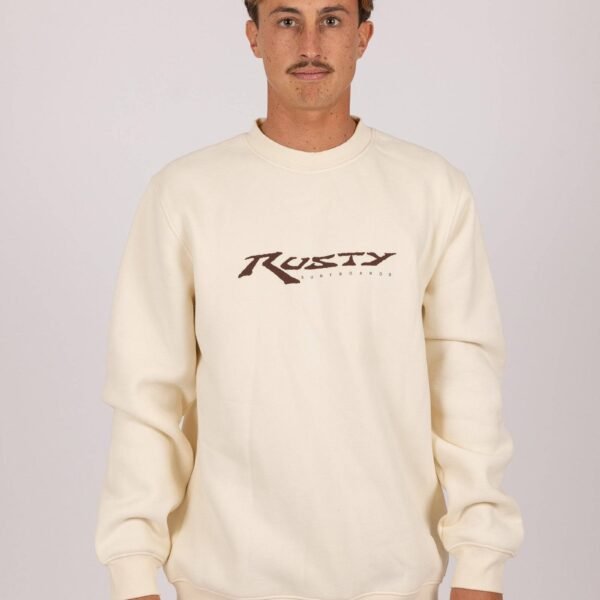 Rusty Ninety Mile Crewneck Fleece in cream with front logo design.