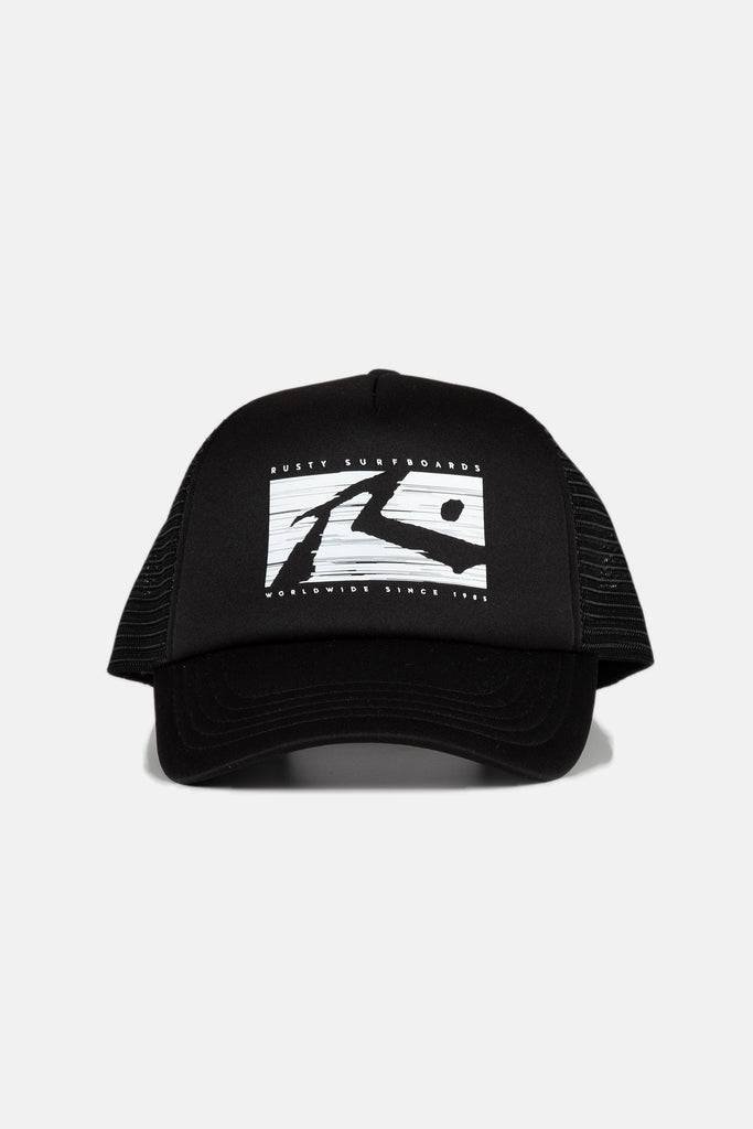 Black Rusty R Dot Trucker Cap with front logo design.