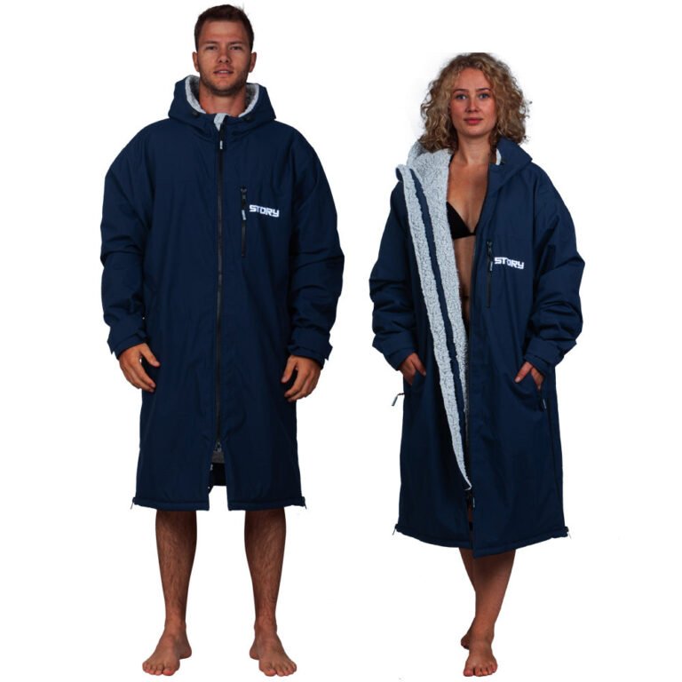 Story Change Robe in navy and grey, unisex waterproof poncho with hood.
