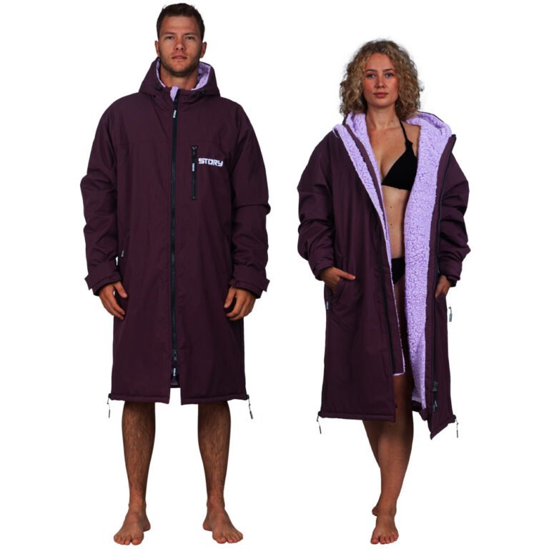 Story Change Robe in burgundy with cozy lining, modeled by a man and woman.