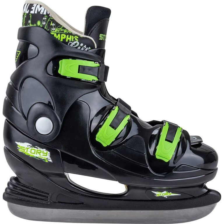 Story Active Ice Skates - Green with adjustable straps and sleek black design.